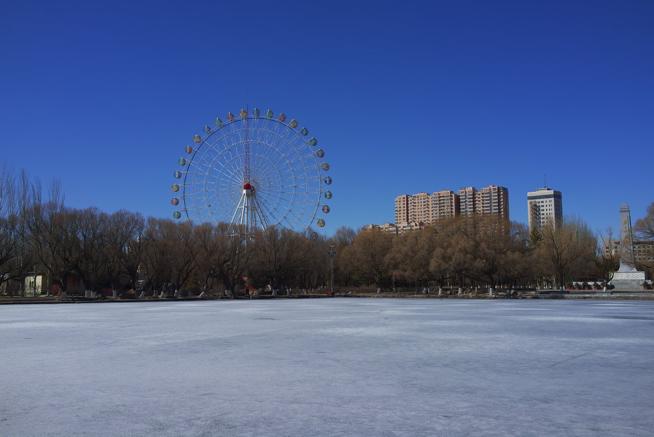 青城公園の凍った池と観覧車