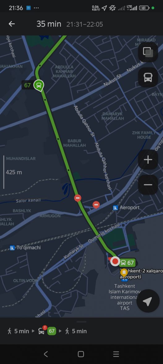 タシュケント市内のYandex Mapの経路検索は路線バスのほぼリアルタイムの位置情報までわかるので路線バスに乗るのは簡単です